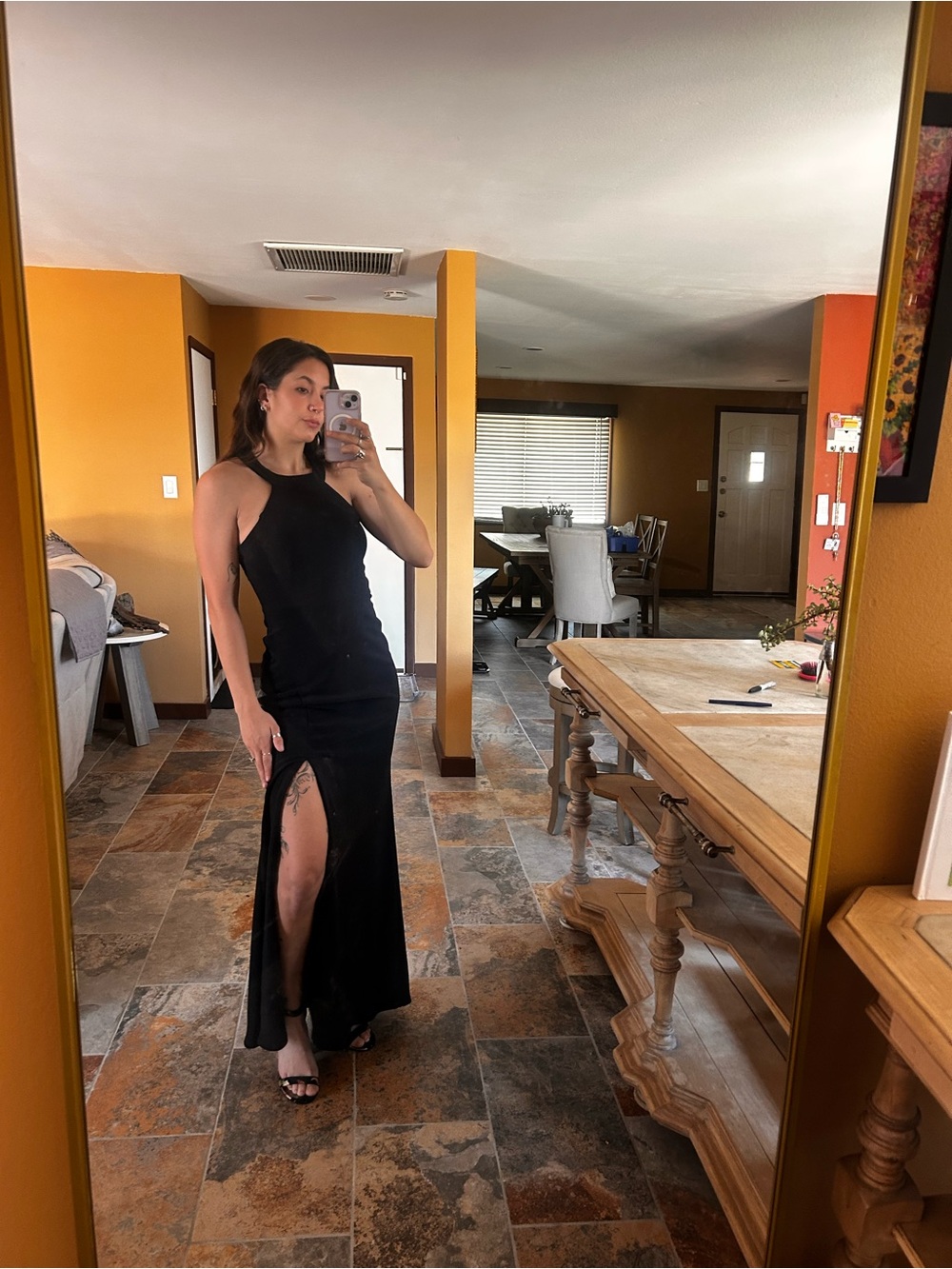 Venus Black Formal Maxi Dress | Size Small | Lace Back | High Slit Evening Gown